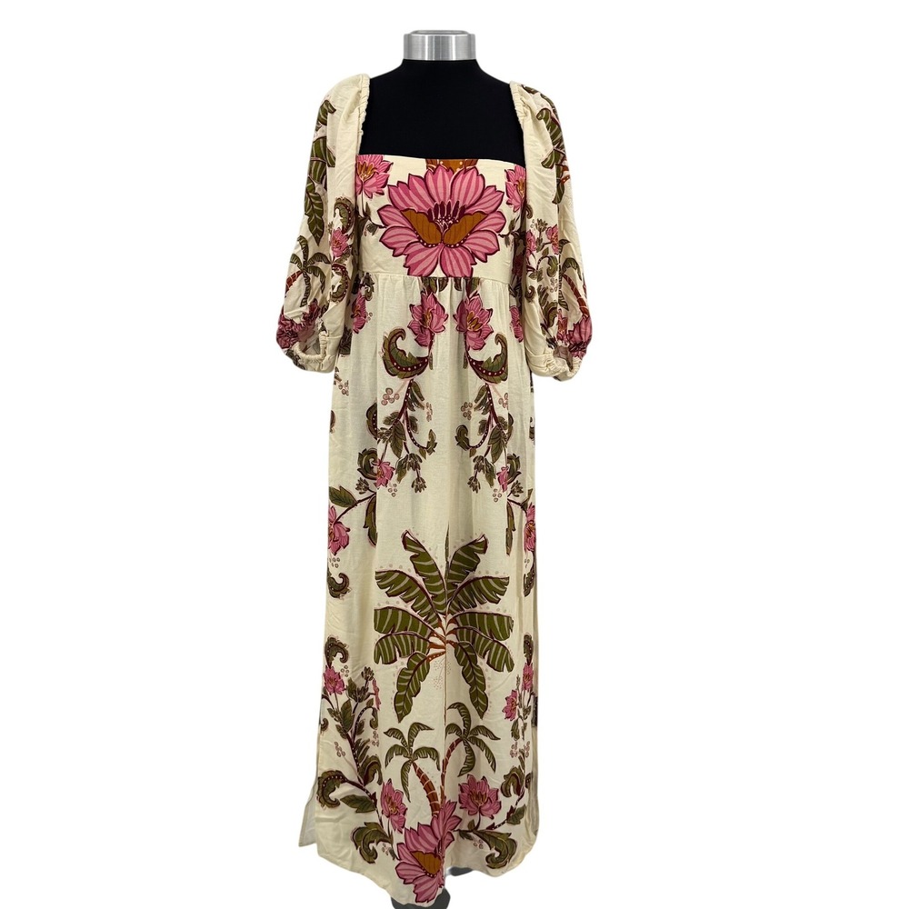 Farm Rio Tropical Floral Palm Tree Puff Sleeve Maxi Dress Cream Pink Green Small - Picture 2 of 16